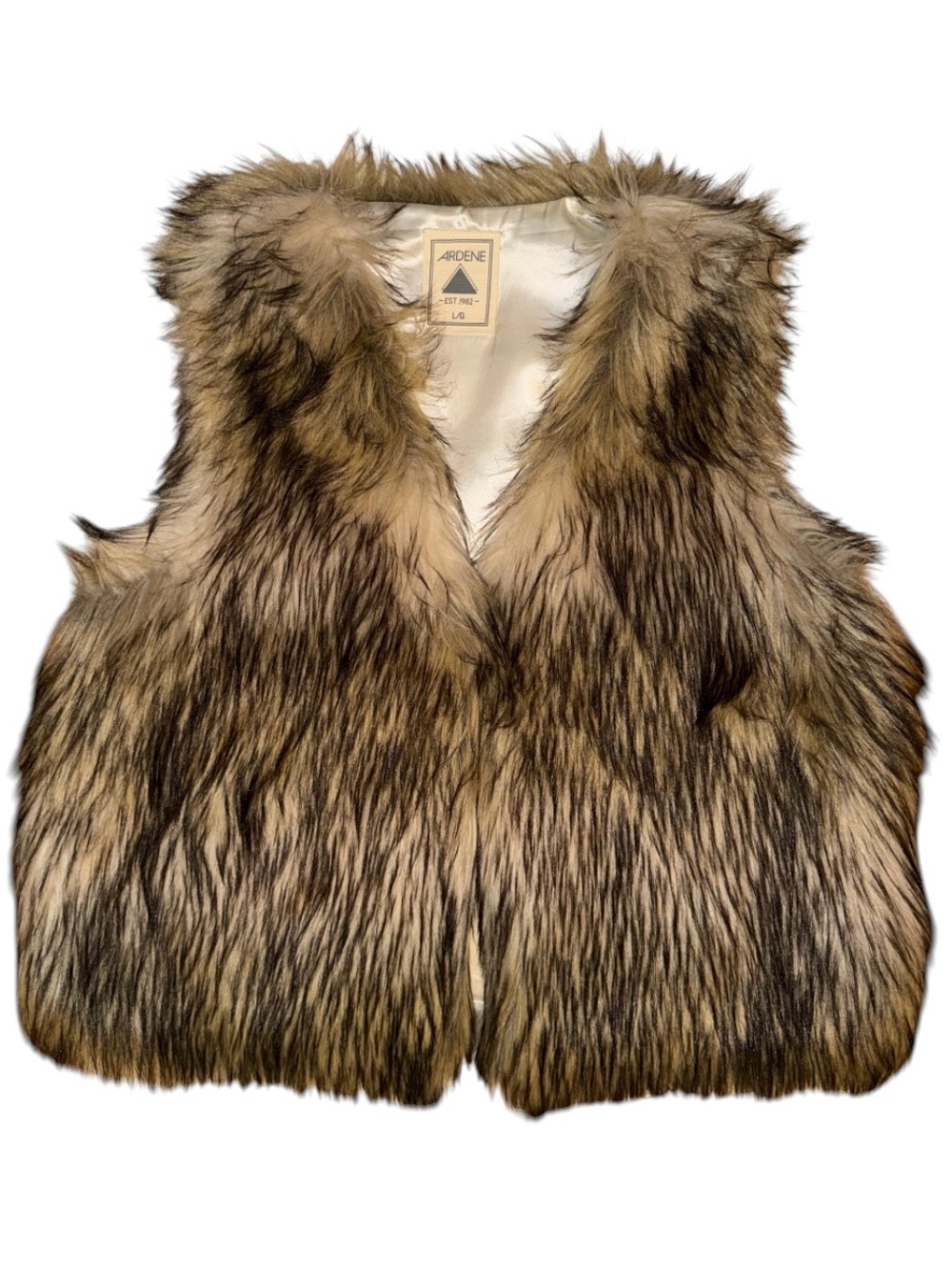 NWOT Ardene Multi Brown Shag Faux Fur Vest w White Satin Lining